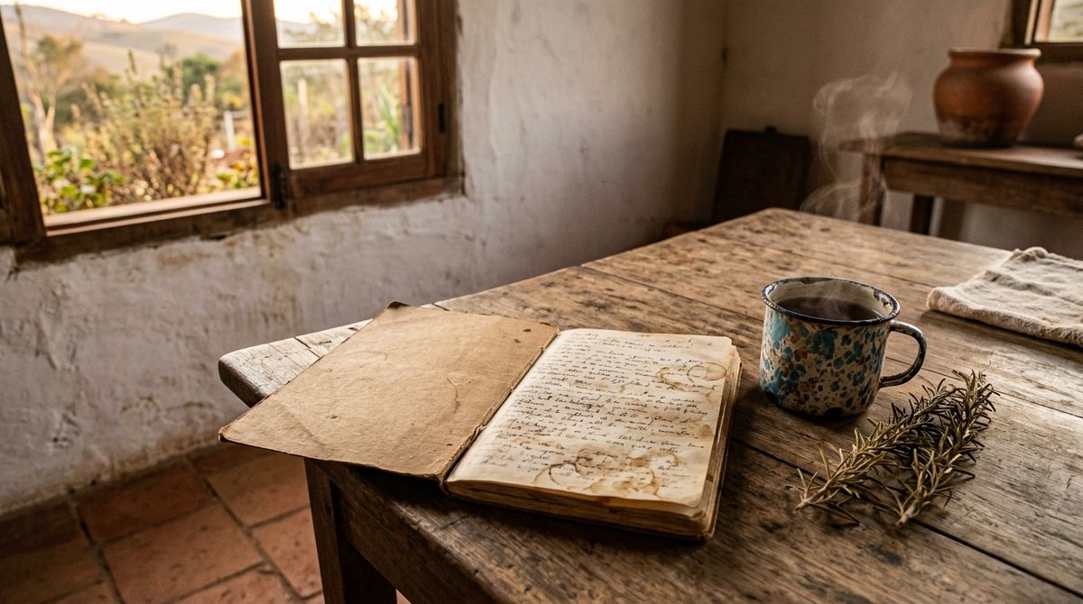 O caderno da Dona Cândida aberto na mesa da cozinha